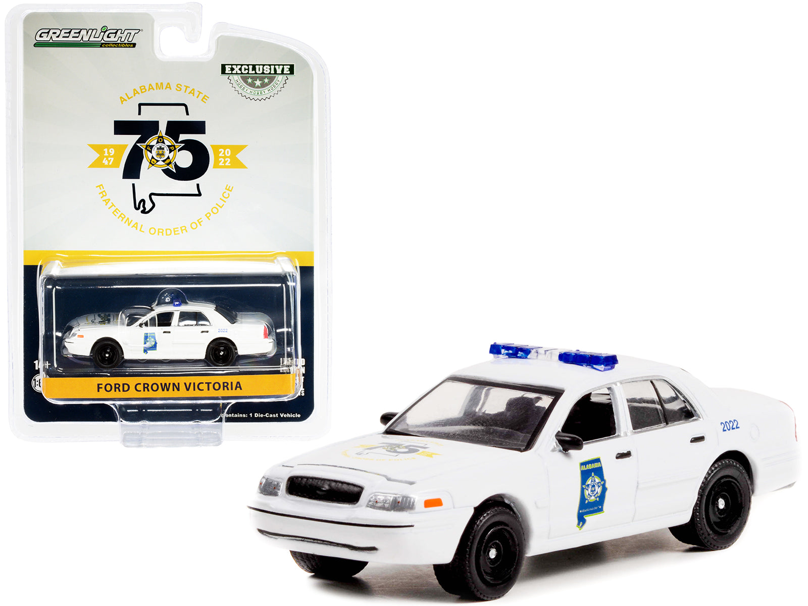 *SPECIAL* Ford Crown Victoria Police Interceptor White Alabama State FOP "Fraternal Order of Police 75th Anniversary" "Hobby Exclusive" 1/64 Diecast Model Car by Greenlight