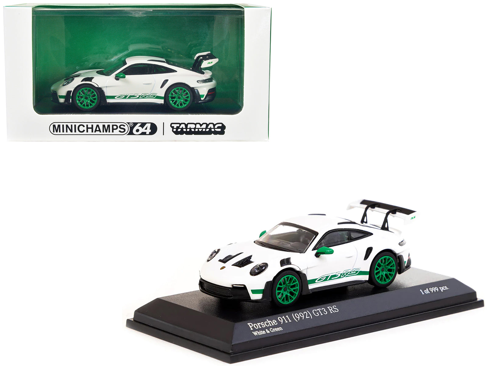 *SPECIAL*  Porsche 911 (992) GT3 RS White with Green Stripes and Wheels Limited Edition to 999 pieces Worldwide 1/64 Diecast Model Car by Minichamps and Tarmac Works